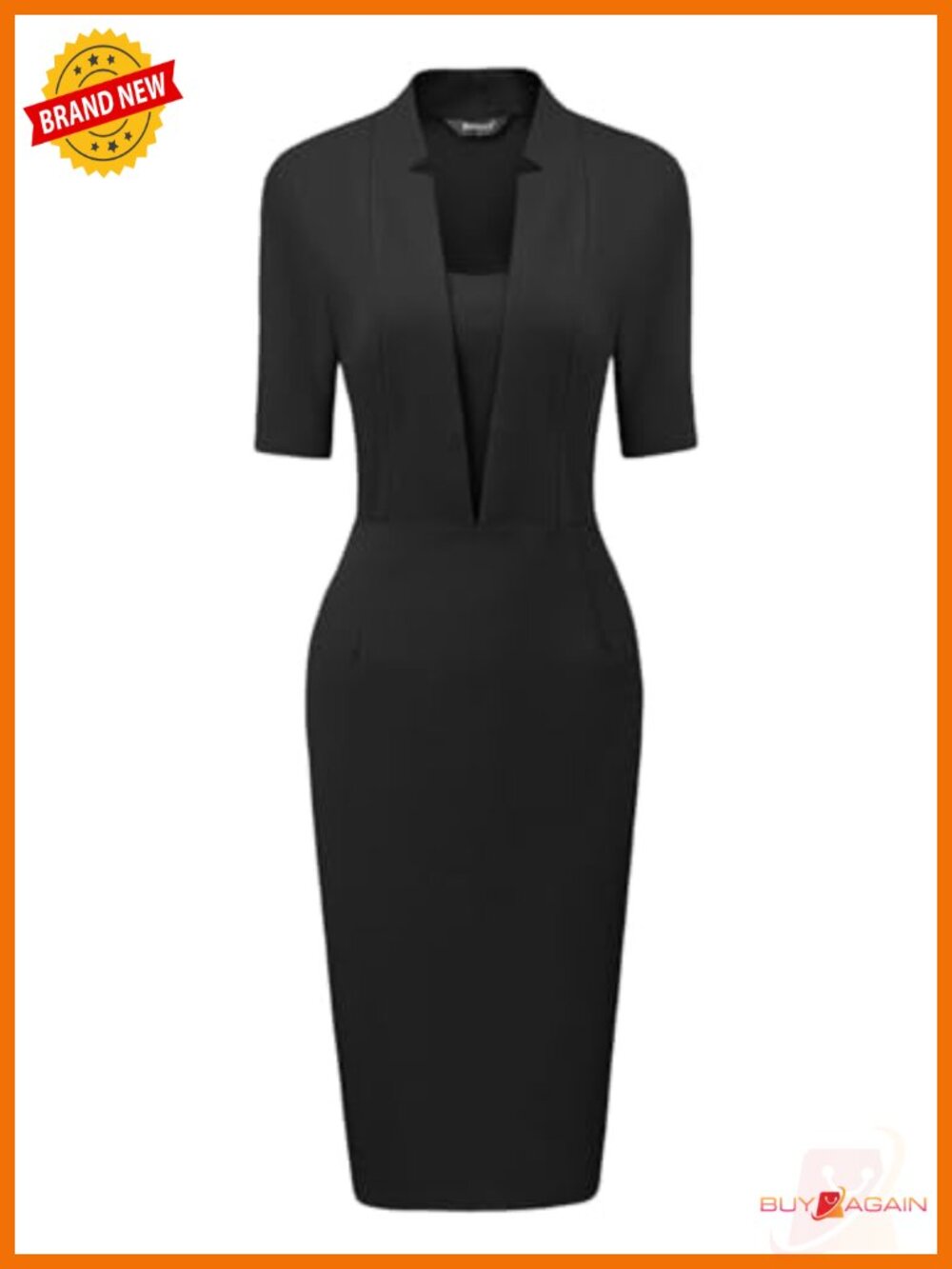 Short Sleeve V Neck Business Pencil Dress Bodycon Midi Work Office